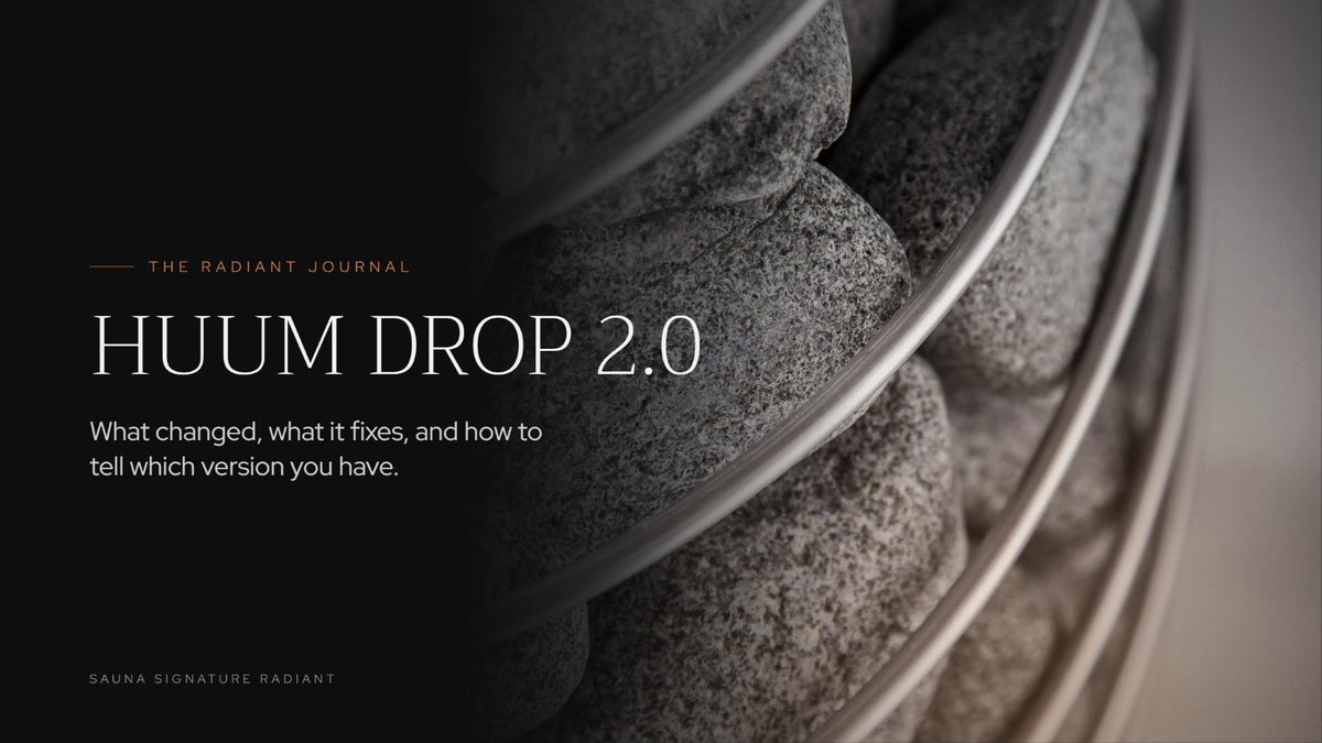 Close-up of the HUUM DROP 2.0 sauna heater's stones and steel cage
