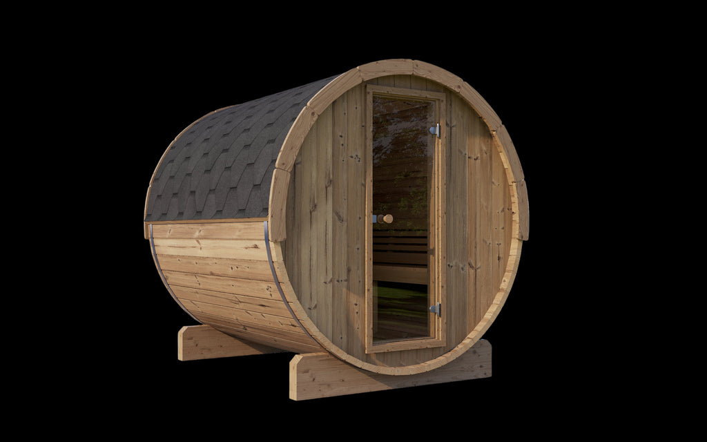 Wooden barrel-shaped sauna on a white background