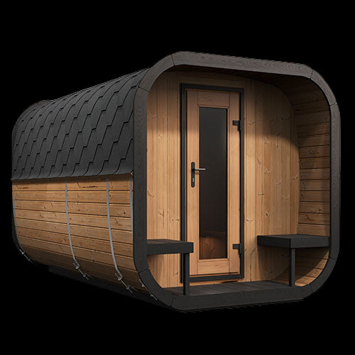 Wooden sauna with a door on a transparent background