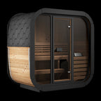 Wooden sauna with black exterior on a white background