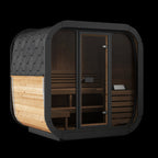 Portable sauna with wooden interior and black exterior on a white background