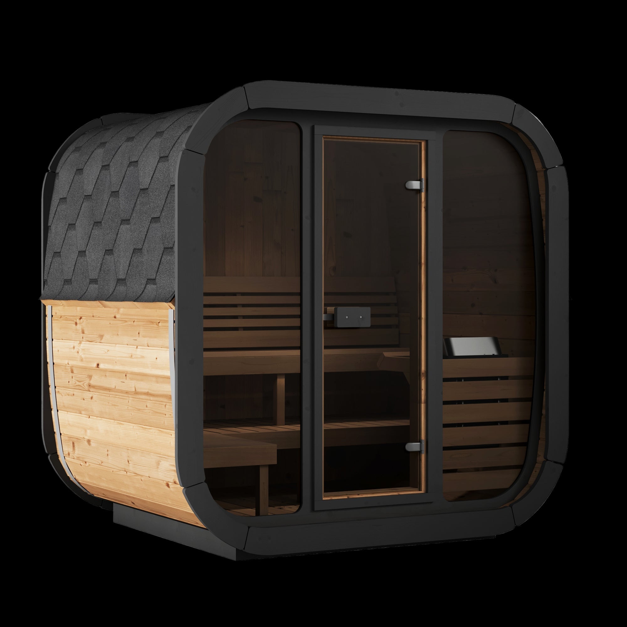 Portable sauna with wooden interior and black exterior on a white background