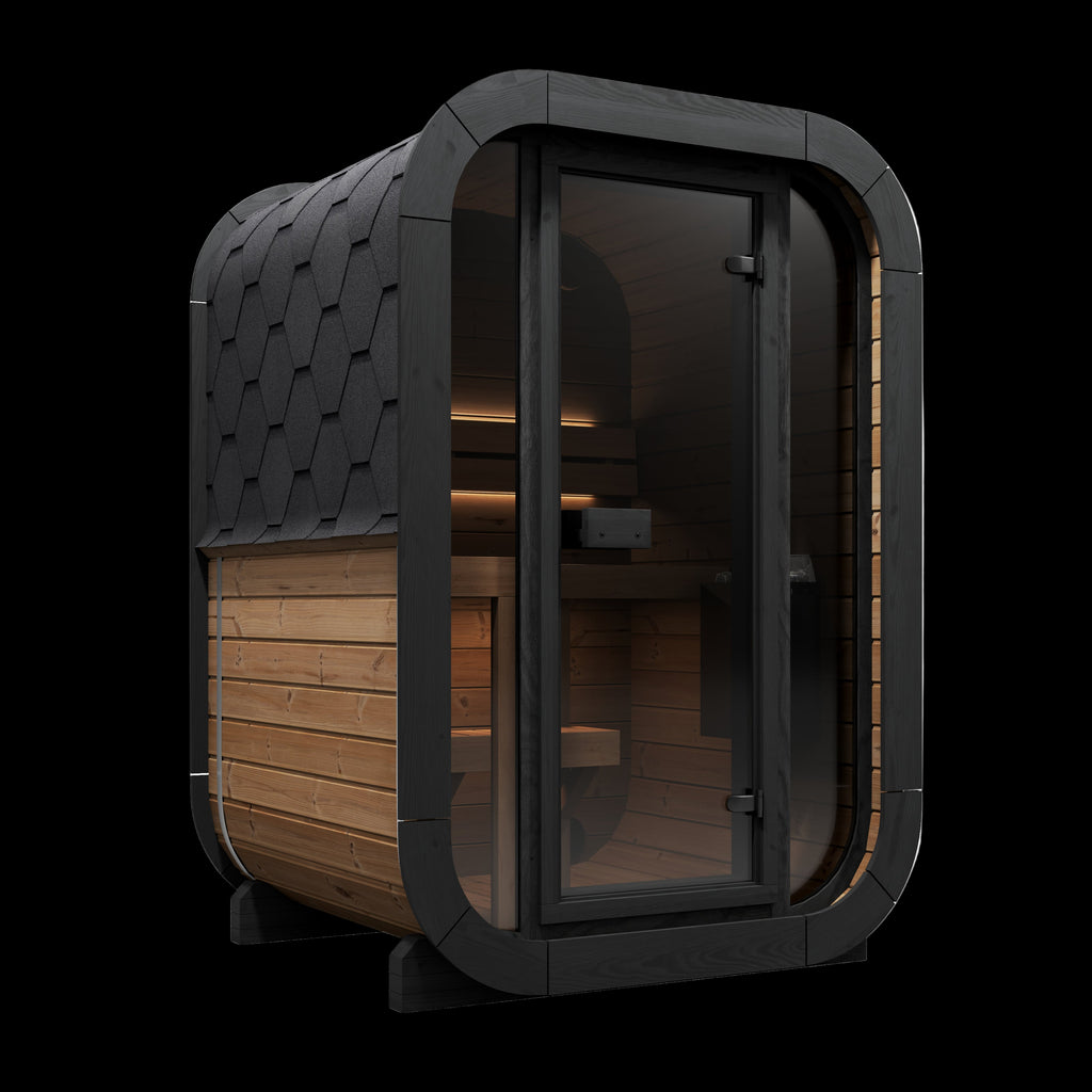 Modern outdoor sauna with black exterior and wooden interior on a white background