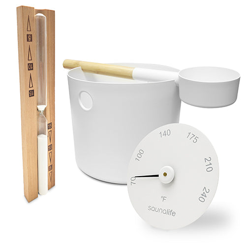 SaunaLife Nordic Ritual Set 2 White - Timer, Thermometer w/Premium Bucket & Ladle - Sauna Accessory Package