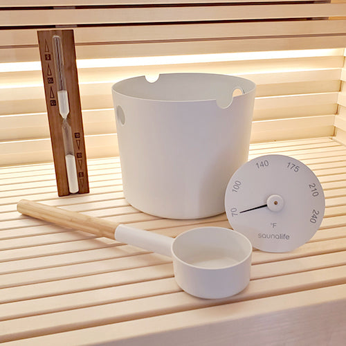 SaunaLife Nordic Ritual Set 2 White - Timer, Thermometer w/Premium Bucket & Ladle - Sauna Accessory Package