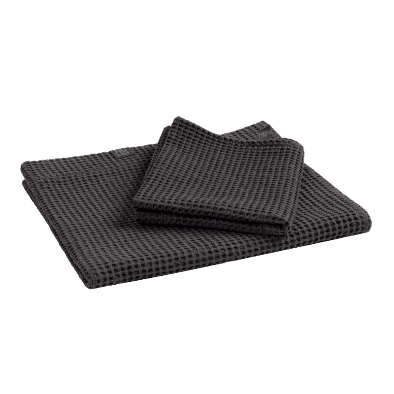 HUUM OVO Sauna Towel Set in black waffle cotton