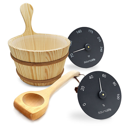 SaunaLife Nordic Ritual Set 3 - Wooden 1-Gallon Sauna Bucket, Wood Ladle, Thermometer, Hygrometer, Black